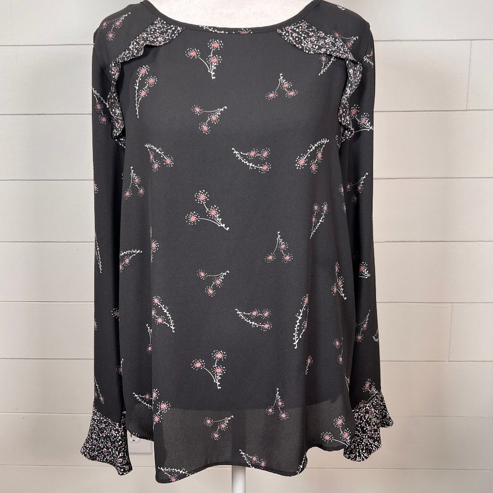 Loft Outlet Gray, Pink and White Long Sleeve Floral Ruffled Blouse Size M